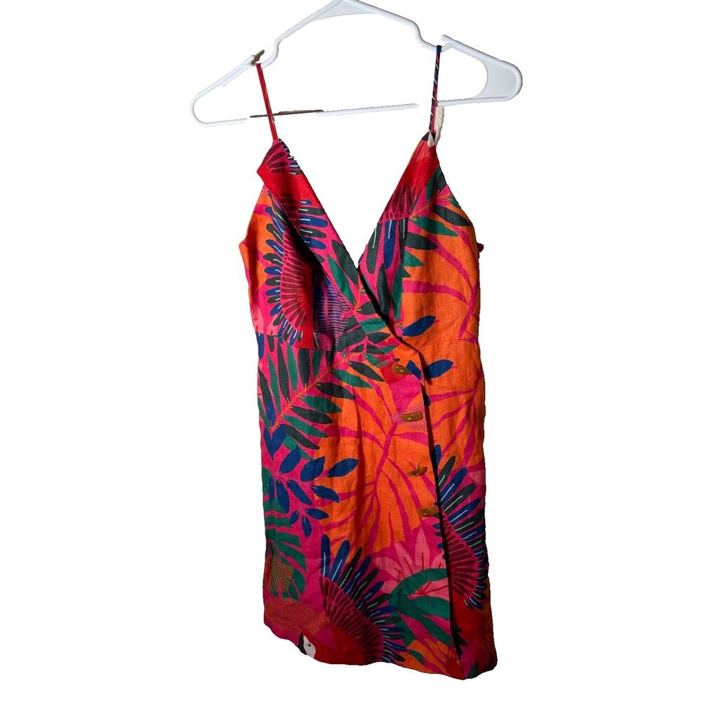 Farm Rio Macaw Dress Women's Small Colorful Mini Side Button Sleeveless Linen
